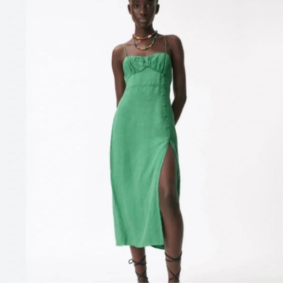 NWT Zara Green Lined Button Midi Dress - Picture 3 of 9